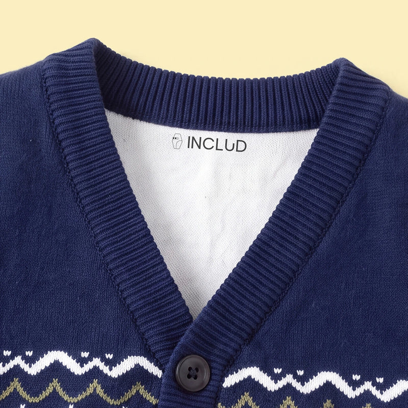 Girls Navy Blue Self-Design Argyle Pattern Button-up Cardigan Sweaters & Cardigans