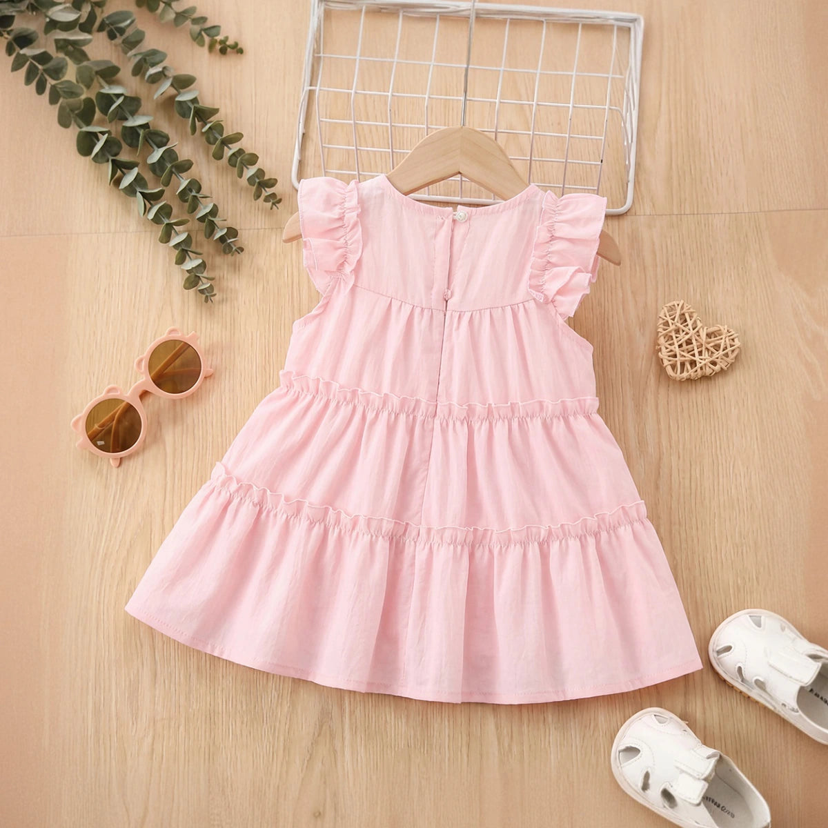 Girls Light Pink Mushroom Applique Flutter Sleeve Tiered Dress Casual Dresses