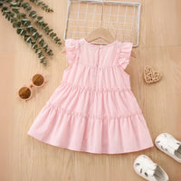 Girls Light Pink Mushroom Applique Flutter Sleeve Tiered Dress Casual Dresses