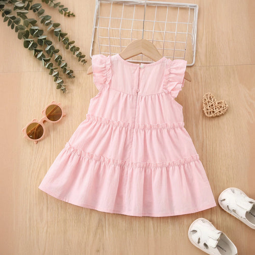 Girls Light Pink Mushroom Applique Flutter Sleeve Tiered Dress Casual Dresses