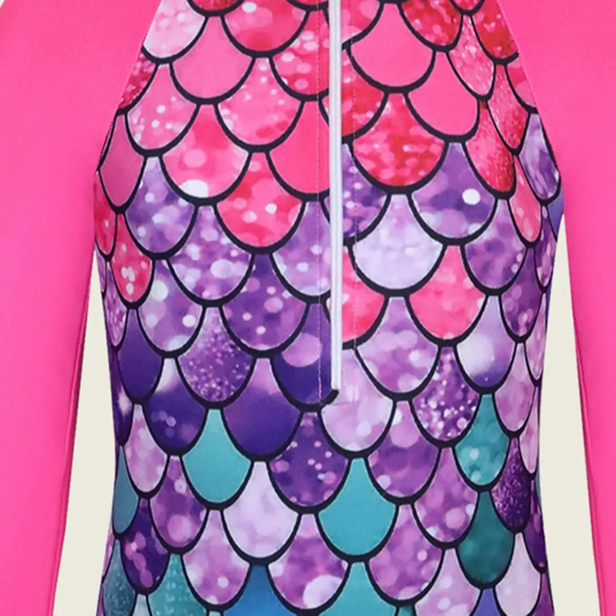 Girls Fuchsia Mermaid Printed Long Sleeves Swimwear Bodysuit Beachwear