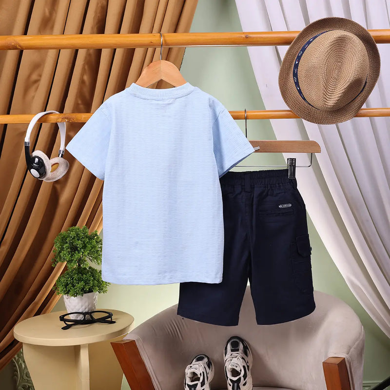 Boys Blue Typographic Applique Short Sleeve T-Shirt With Elasticated Shorts Sets 2 pc. Sets