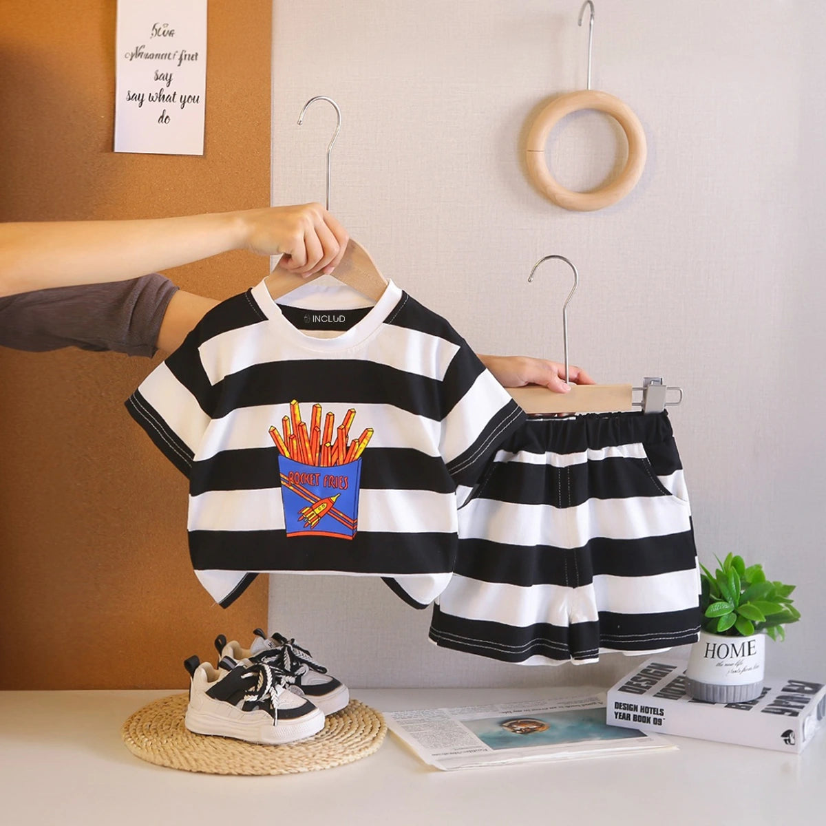 Boys Black Rocket Fries Striped T-Shirt With Elasticated Shorts Sets 2 pc. Sets Black 1-2 Y