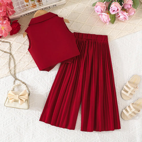 Girls Maroon Sleeveless Blazer Top With Pleated Flared Pant Co-ord Sets Sets