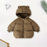 Girls Light Brown Solid Front Zipper Hooded Puffer Jacket