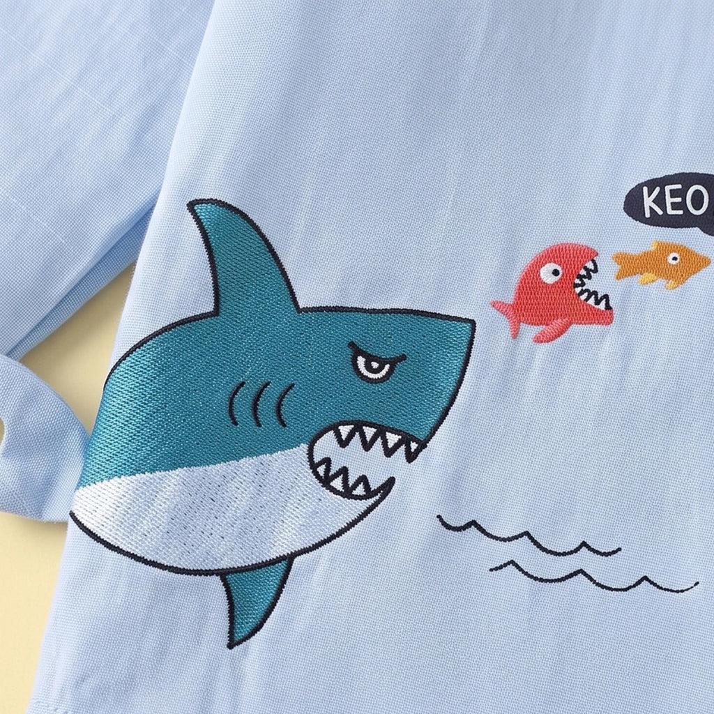 Boys Light Blue Shark Print Long Sleeve Shirt Shirts