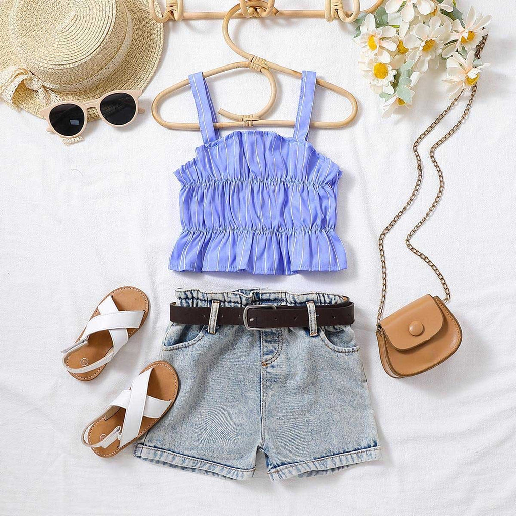 Girls Striped Camisole Top With Denim Shorts Set