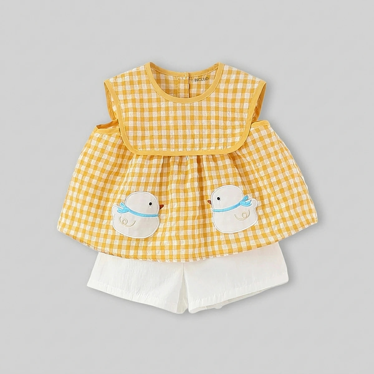 Girls Yellow Checked Duck Applique Top With Shorts Sets Sets
