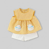 Girls Yellow Checked Duck Applique Top With Shorts Sets Sets