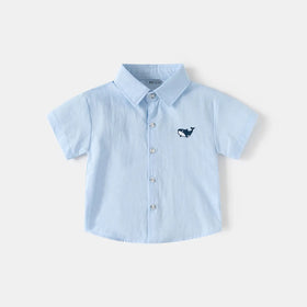 Boys Sky Blue Shark Embroidered Casual Shirt Shirts