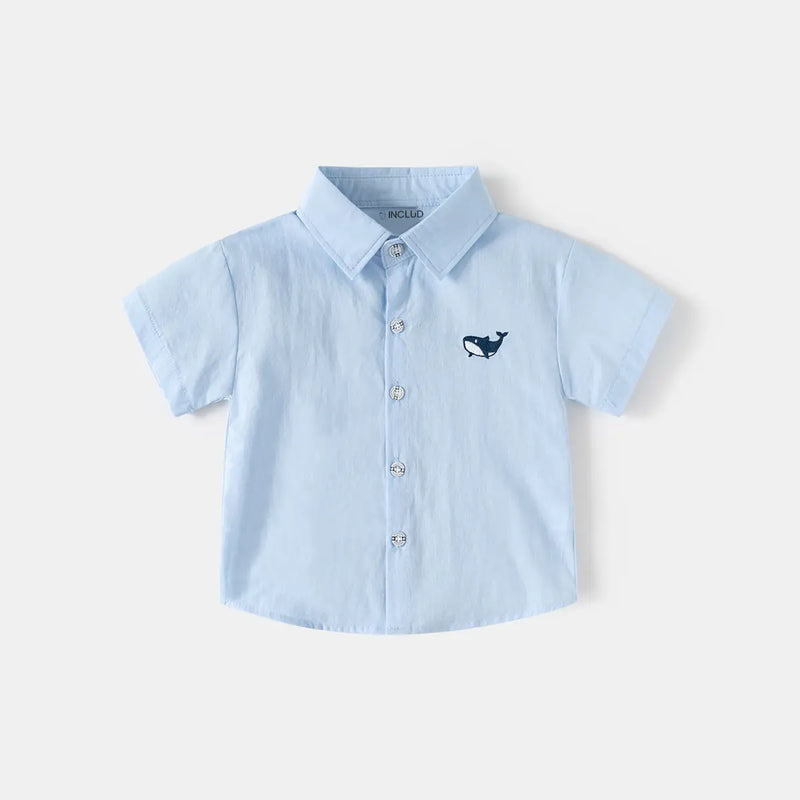 Boys Sky Blue Shark Embroidered Casual Shirt Shirts