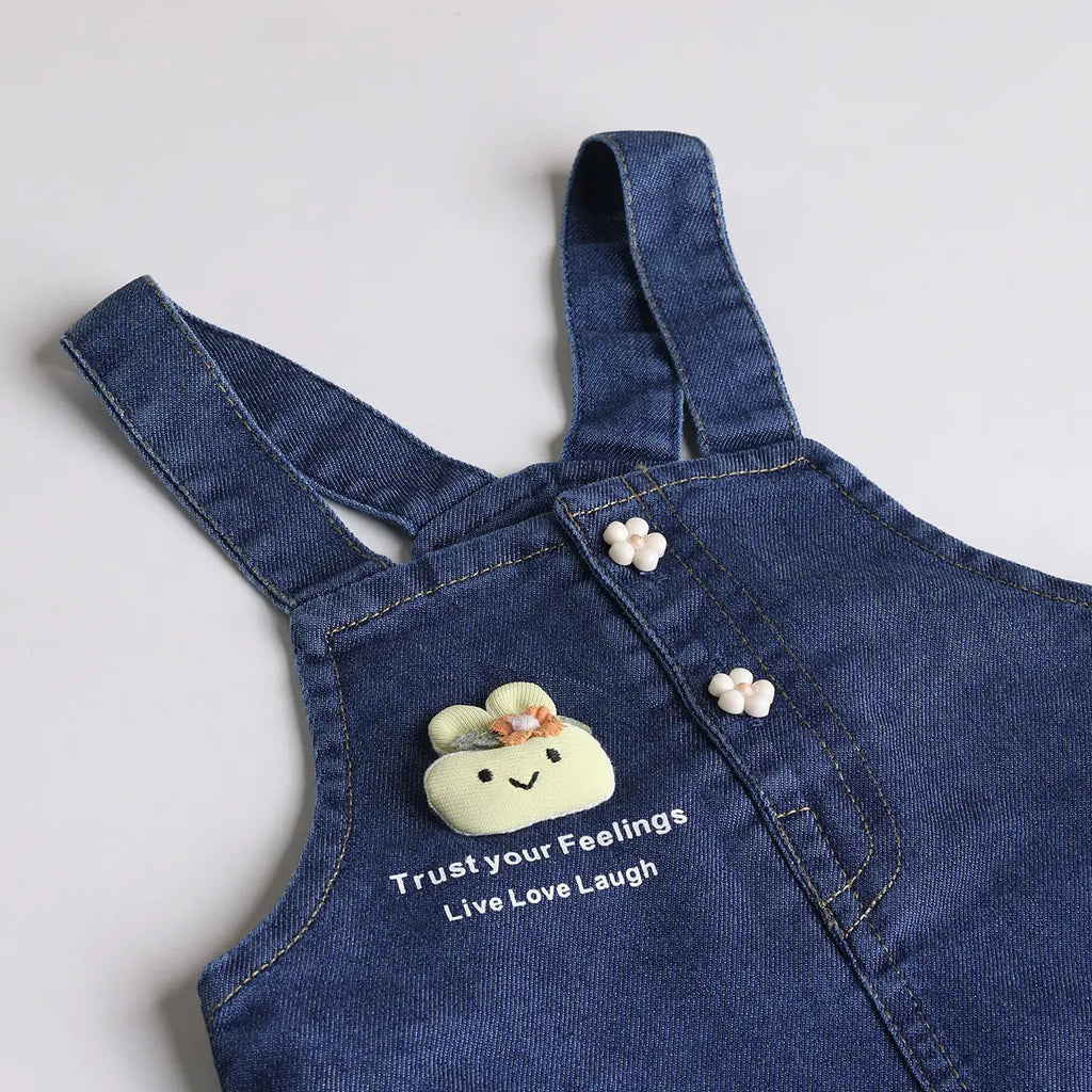Girls Yellow Applique Printed T-Shirt With Denim Dungaree and Diaper Cover Sets 3 pc. Sets