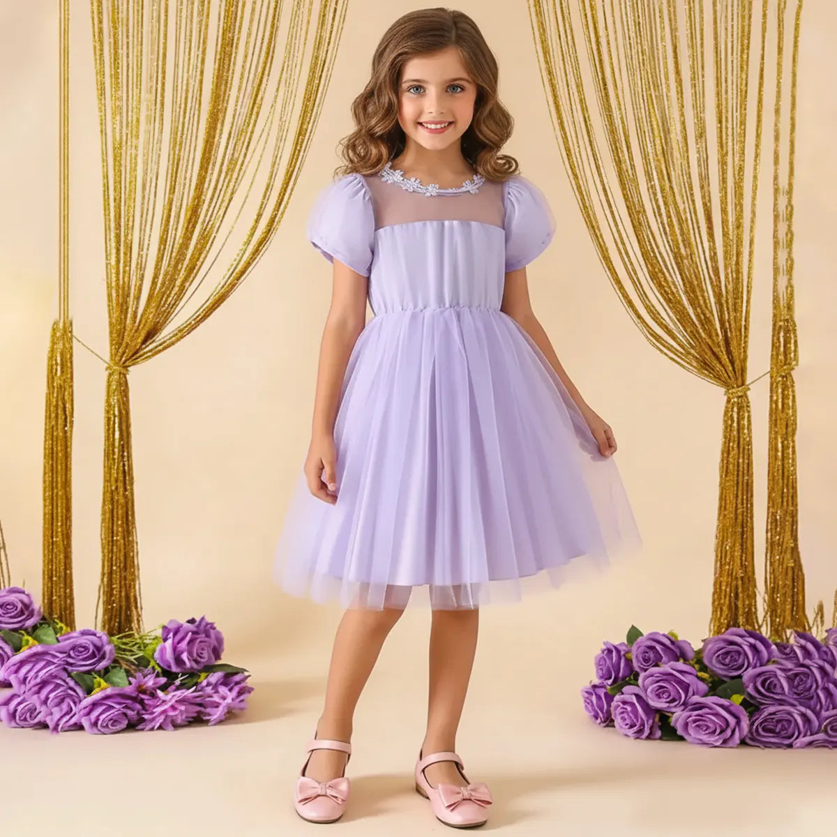 Girls Lilac Tulle Overlay Fit & Flare Dress With Puff Sleeves Casual Dresses