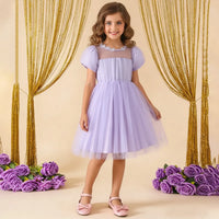Girls Lilac Tulle Overlay Fit & Flare Dress With Puff Sleeves Casual Dresses