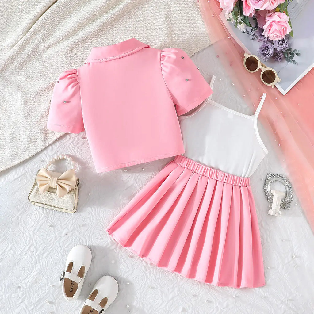 Girls Pink Floral Applique Top With Camisole Top And Pleated Skirt Sets 3 pc. Sets