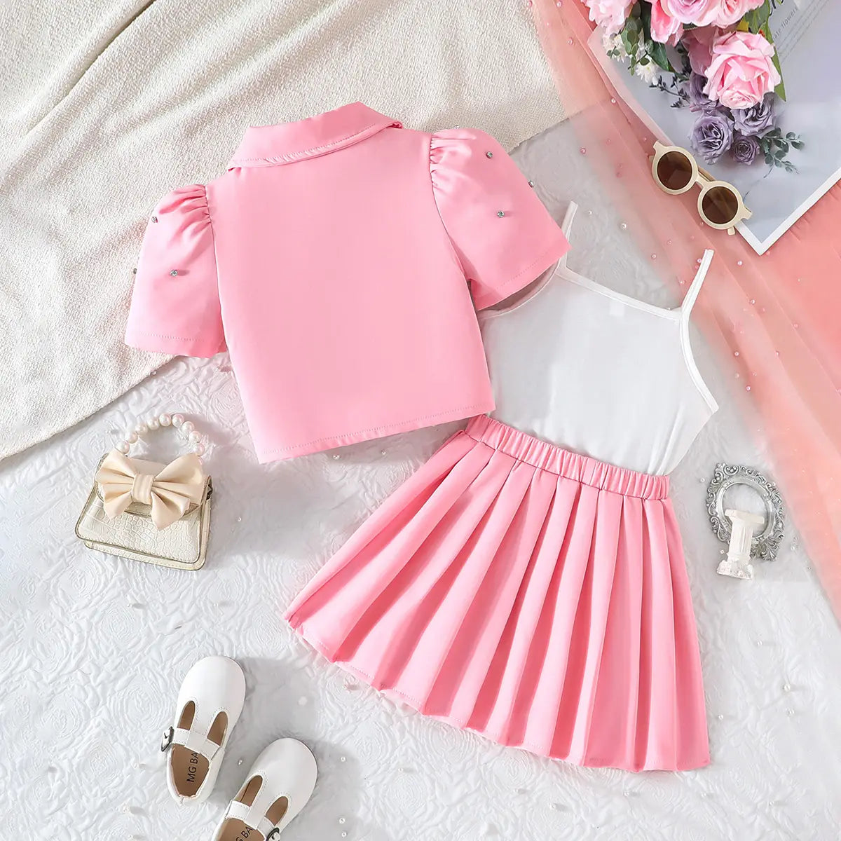 Girls Pink Floral Applique Top With Camisole Top And Pleated Skirt Sets 3 pc. Sets