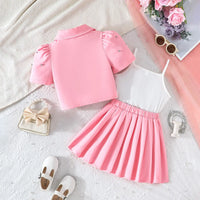 Girls Pink Floral Applique Top With Camisole Top And Pleated Skirt Sets 3 pc. Sets