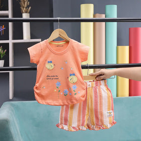 Girls Orange Floral Print Short Sleeve T-Shirt With Striped Shorts Sets 2 pc. Sets Orange 9-12 M