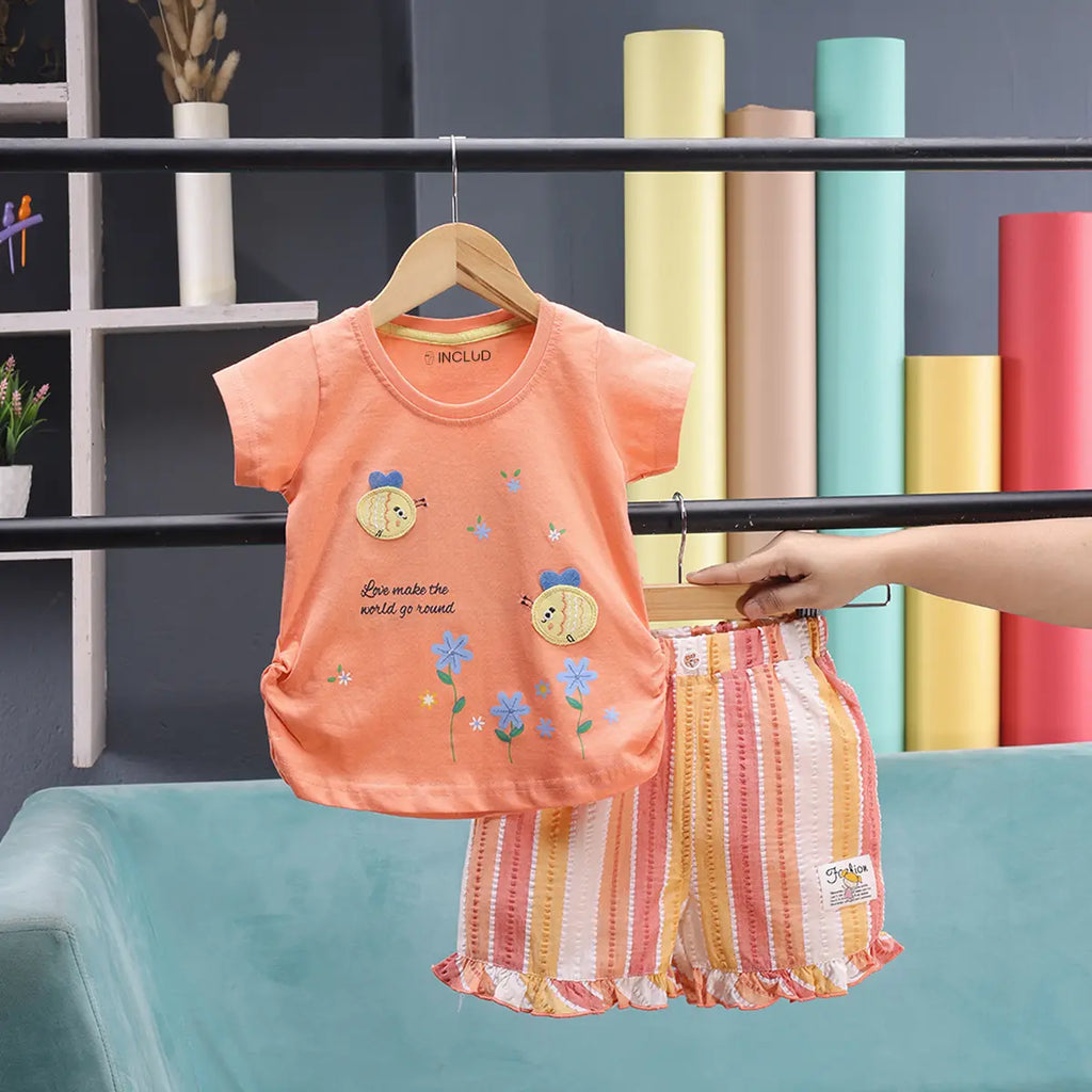 Girls Orange Floral Print Short Sleeve T-Shirt With Striped Shorts Sets 2 pc. Sets Orange 9-12 M