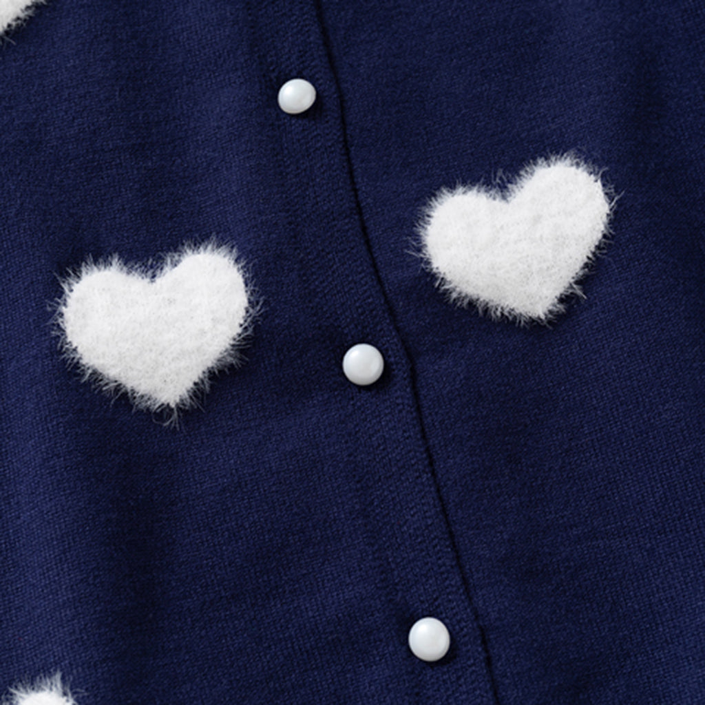 Girls Navy Blue Self Heart Design Winter Cardigan Sweaters & Cardigans