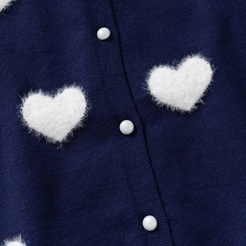 Girls Navy Blue Self Heart Design Winter Cardigan Sweaters & Cardigans
