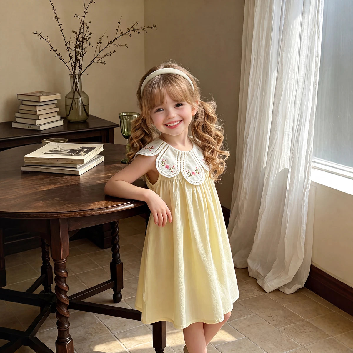 Girls Light Yellow Floral Embroidered Sleeveless A-Line Dress Casual Dresses