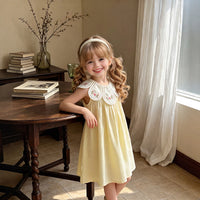 Girls Light Yellow Floral Embroidered Sleeveless A-Line Dress Casual Dresses