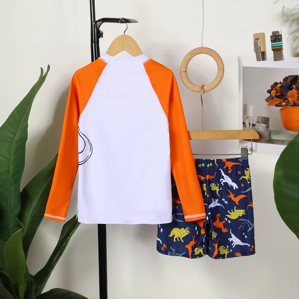 Boys White Dinosaur Printed Long Sleeves T-Shirt & Shorts Swimsuit Sets Sets
