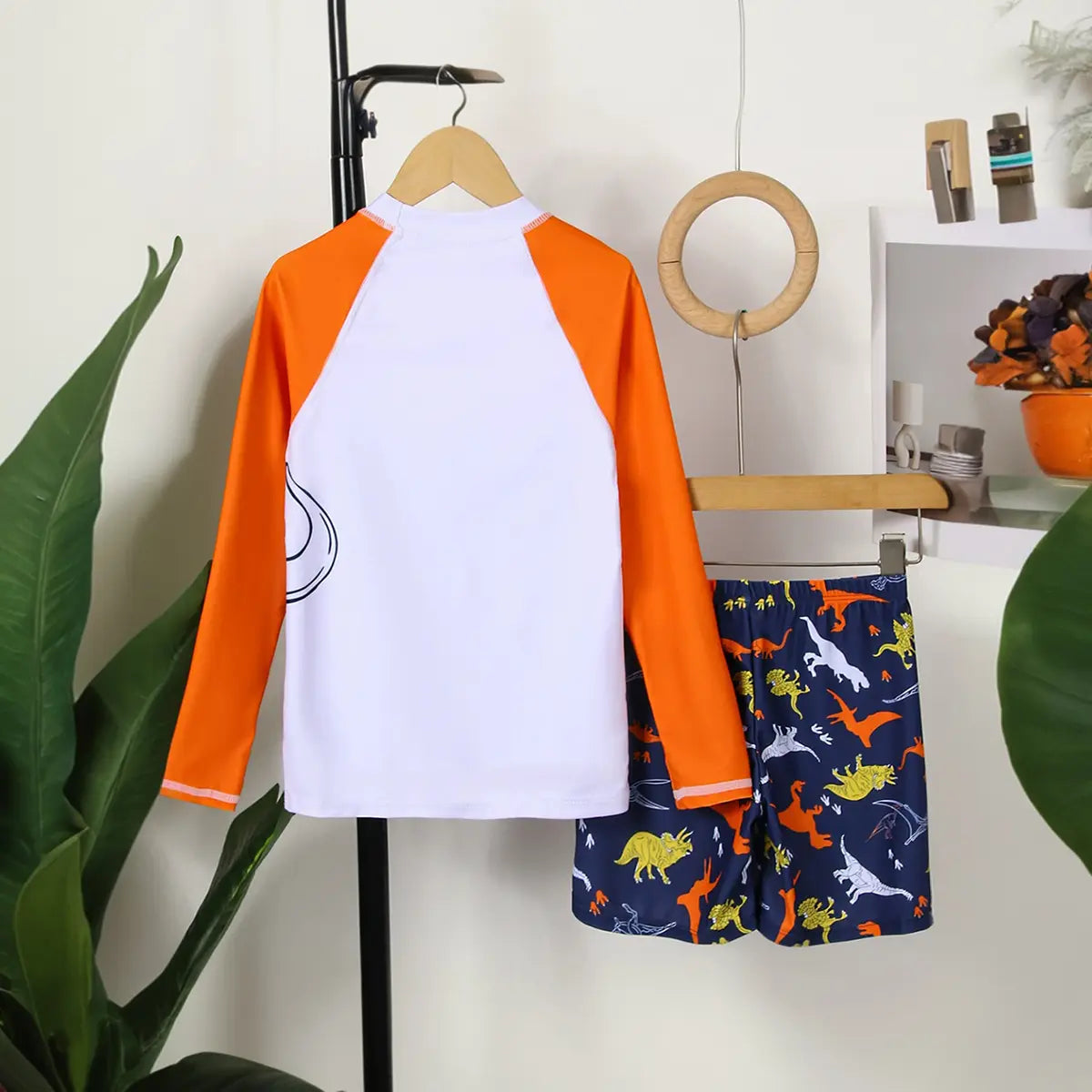 Boys White Dinosaur Printed Long Sleeves T-Shirt & Shorts Swimsuit Sets Sets