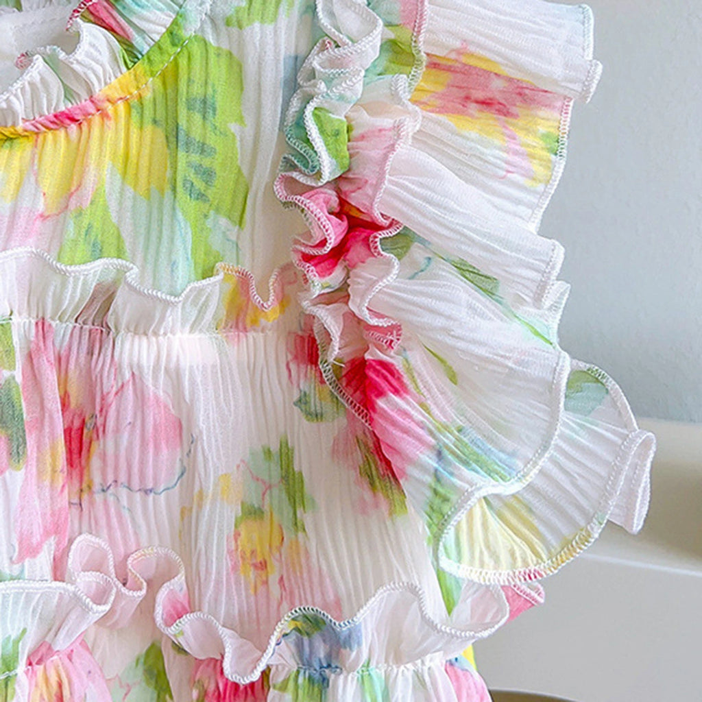Girls Floral Printed Ruffle Peplum Top with Off-White Pleated Wide-Leg Pants Sets 2 pc. Sets