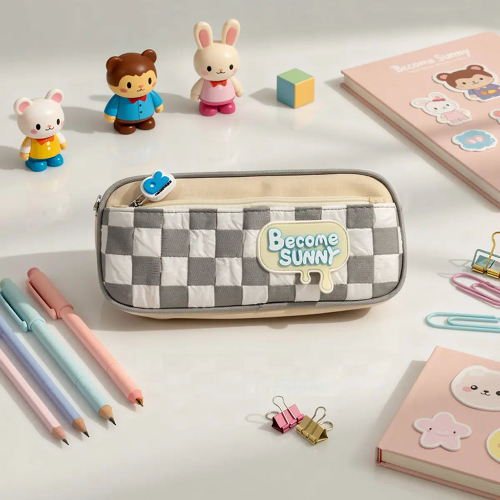 Cute Checked Pencil Pouch with Become Sunny Design Trending Accessories
