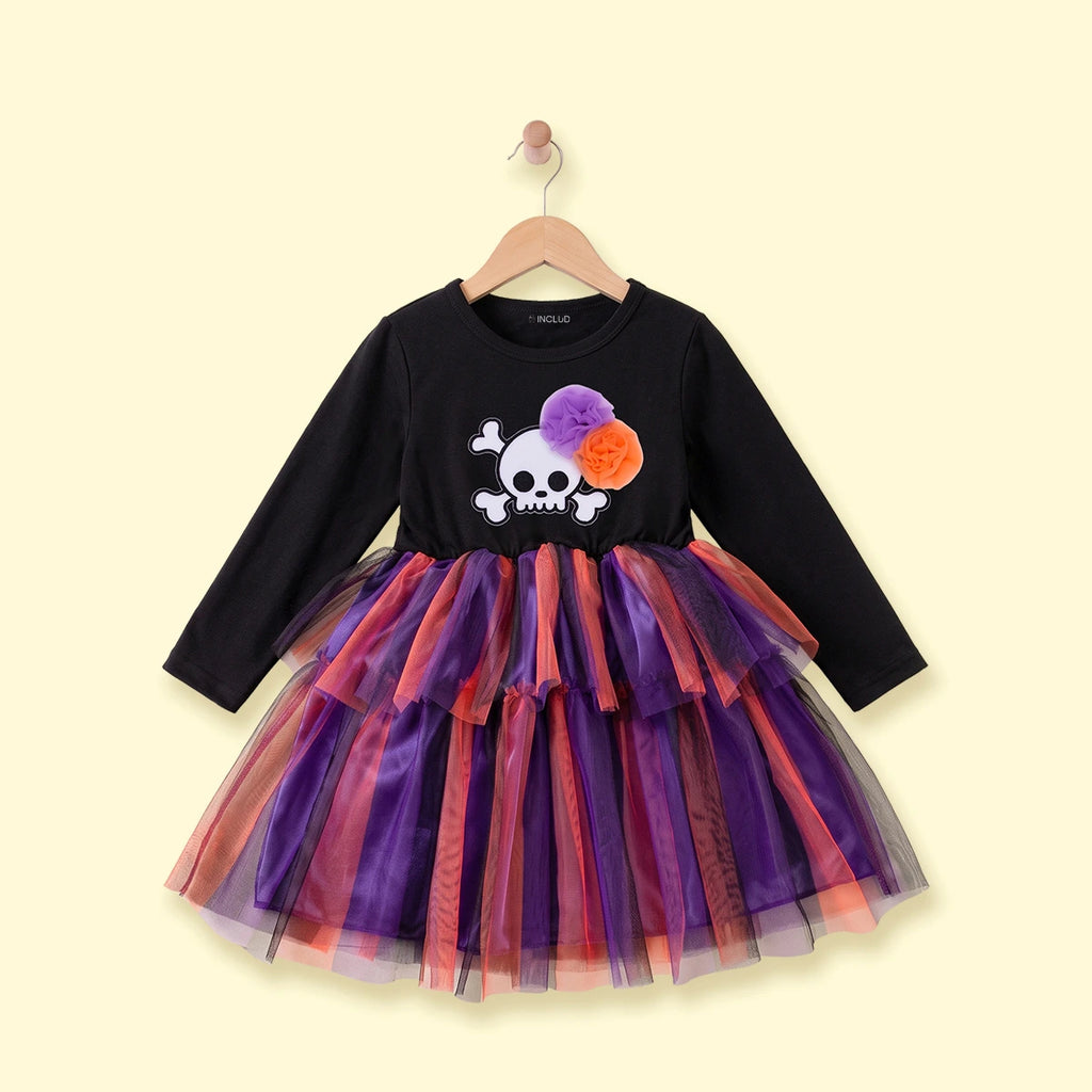 Girls Black Skull Print Long Sleeve Fit & Flare Dress Casual Dresses Black 1-2 Y