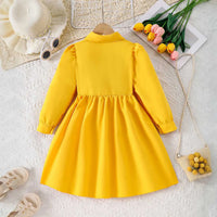 Girls Yellow Solid Flowers Appliqued Shirt Dress Casual Dresses