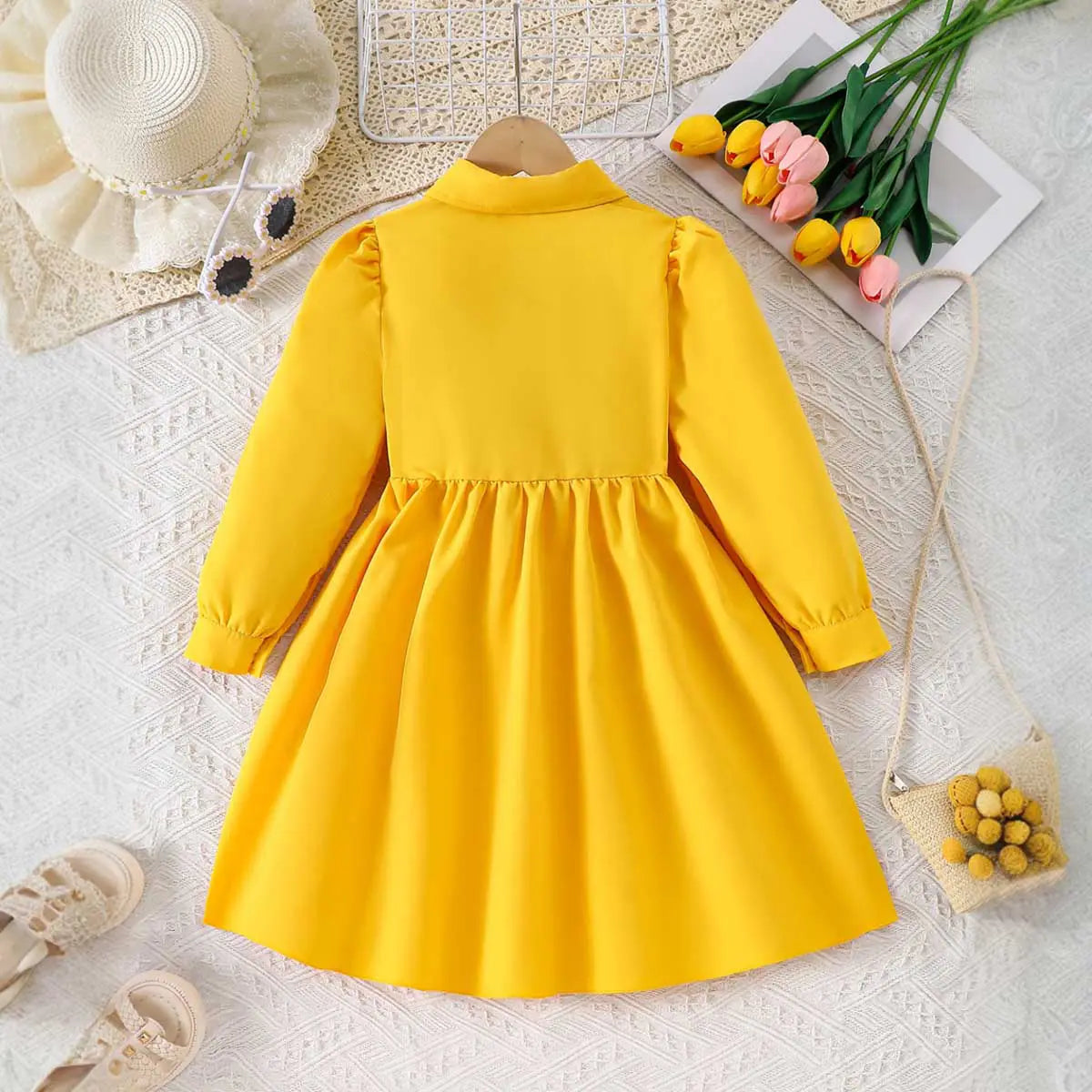 Girls Yellow Solid Flowers Appliqued Shirt Dress Casual Dresses