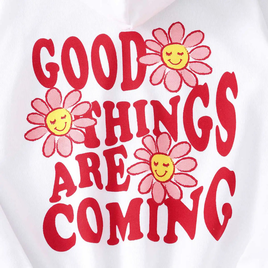Girls White Typographic Printed Hooded Sweatshirt With Joggers Co-ord Sets 2 pc. Sets