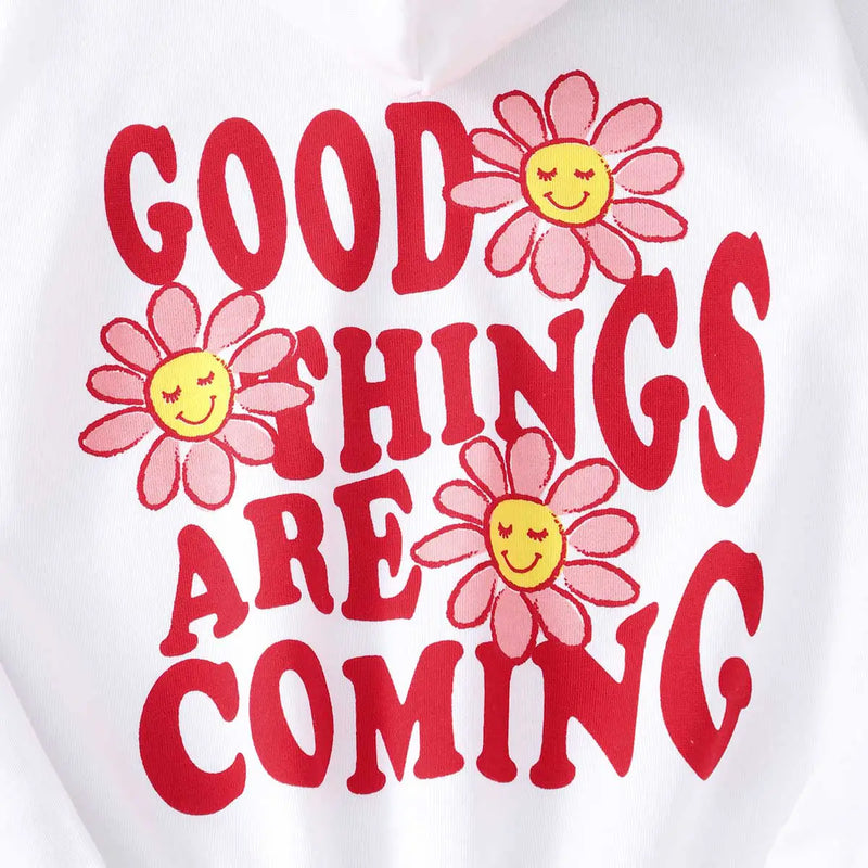 Girls White Typographic Printed Hooded Sweatshirt With Joggers Co-ord Sets 2 pc. Sets