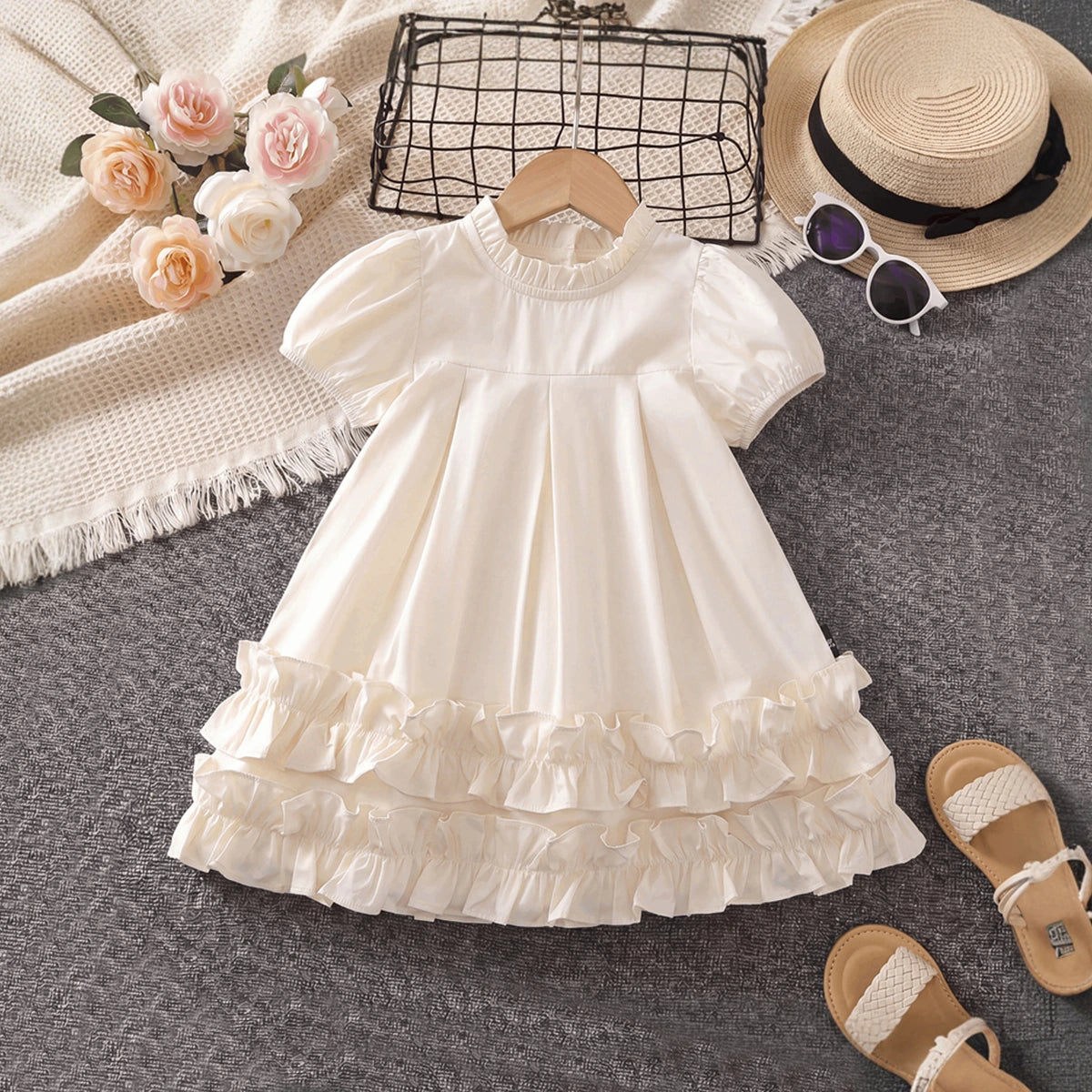 Girls Cream High-Neck Frilled Dress with Tiered Ruffle Hem Casual Dresses Cream 1-2 Y
