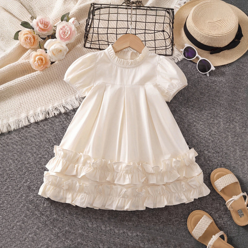 Girls Cream High-Neck Frilled Dress with Tiered Ruffle Hem Casual Dresses Cream 1-2 Y