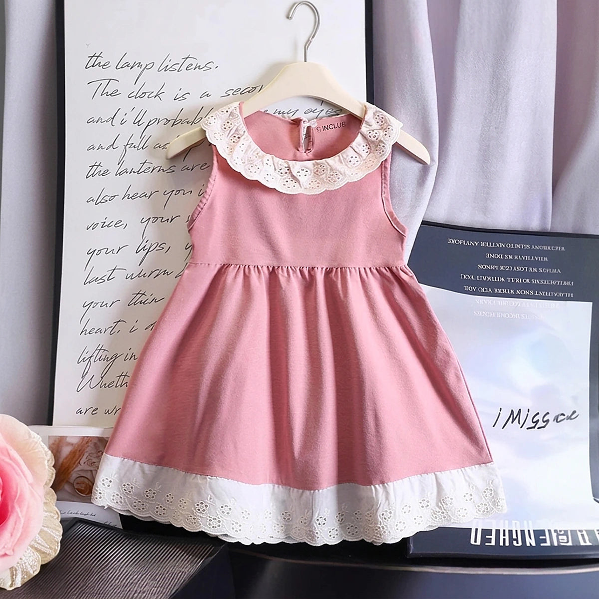 Girls Pink Sleeveless Fit & Flare Dress With Lace Hem Casual Dresses Pink 1-2 Y