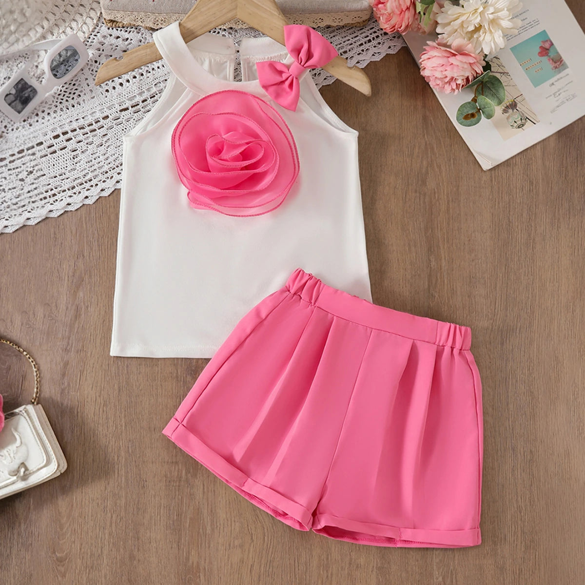 Girls 3D Flower Applique Halter Top With Pink Shorts Set Sets Pink 3-4 Y