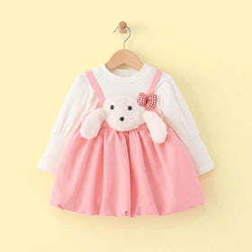 Girls Pink Textured Round Neck Balloon Dress Casual Dresses Pink 1-2 Y