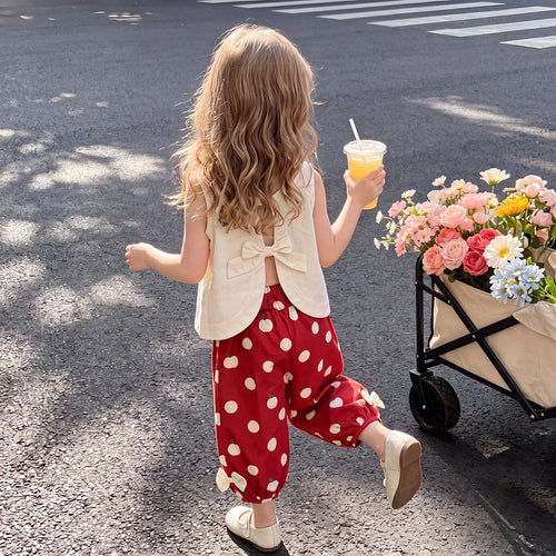 Girls Beige Sleeveless Apple Print Top With Pants Sets 2 pc. Sets