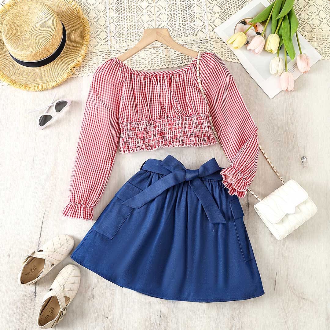 Girls Gingham Check Crop Top With Skirt Set Sets Red 8-9 Y 