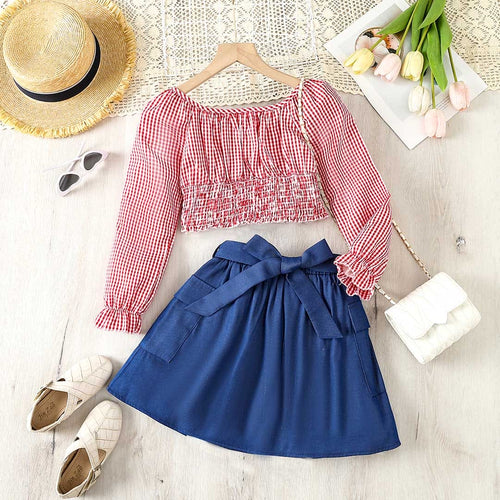 Girls Gingham Check Crop Top With Skirt Set Sets Red 8-9 Y 