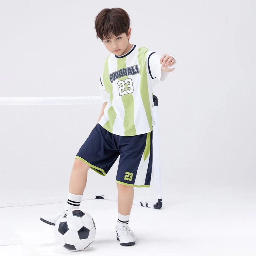 Boys Green Stripes & Alphanumeric Printed T-Shirt With Shorts Set Sets