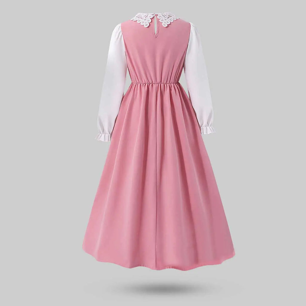 Girls Pink Solid Lace Neck Long Sleeves Fit & Flare Midi Dress Casual Dresses