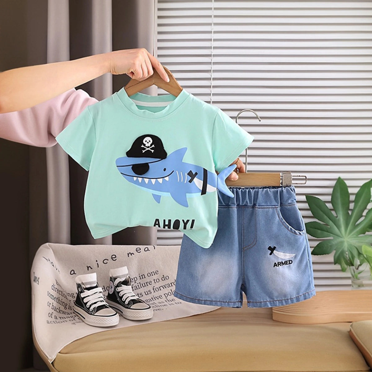 Boys Mint Green Shark Pirate Graphic Short Sleeve T-Shirt With Denim Shorts Sets 2 pc. Sets Green 1-2 Y