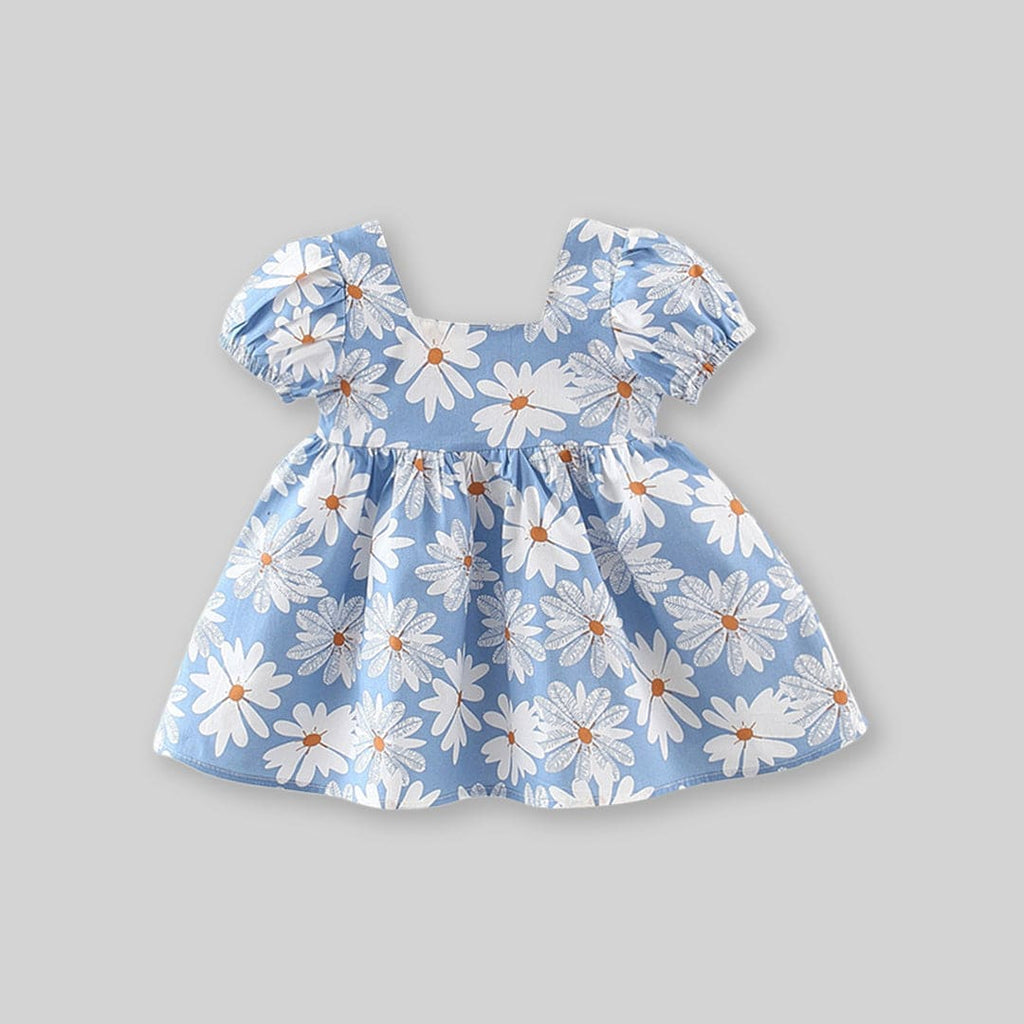 Girls Floral Print Puff Sleeves Dress With Bow Casual Dresses