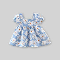 Girls Floral Print Puff Sleeves Dress With Bow Casual Dresses