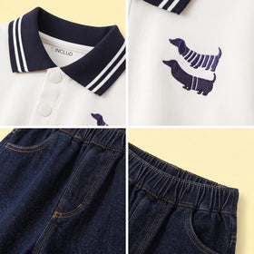 Boys White Graphic Polo Sweatshirt With Denim Pants Sets Sets